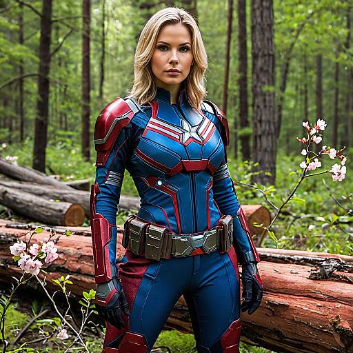 Female Superhero in Armored Suit Standing in Forest