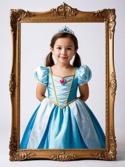 Little Girl in Blue Princess Dress and Tiara in Ornate Frame