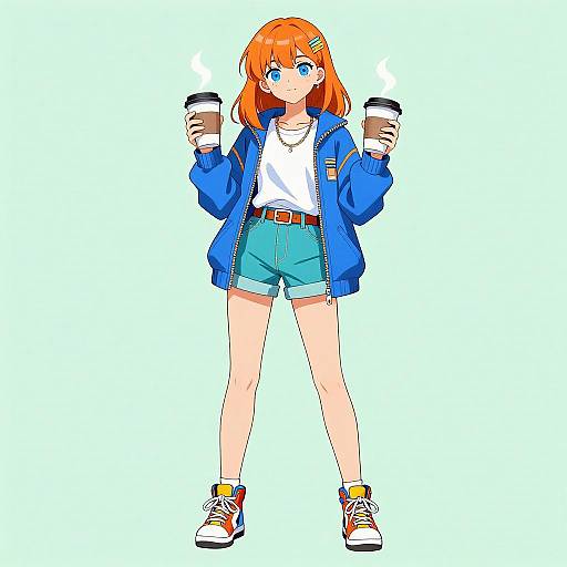 Anime Girl Holding Two Coffee Cups