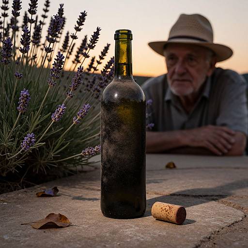 Photograph of an elderly man with a straw hat, blurred in the background, leaning on a stone table with a green bottle and cork in front,