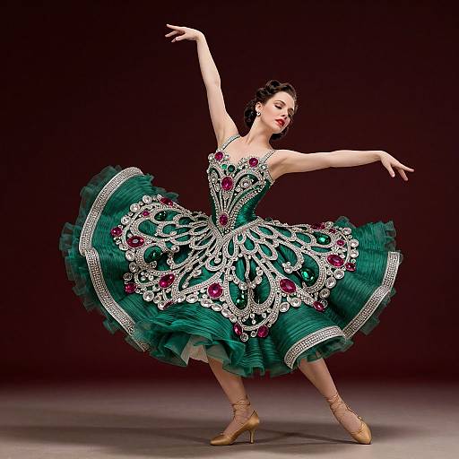Photograph of a graceful ballerina in a green, ornate, full skirted dress with silver and red embroidery, dancing on pointe,