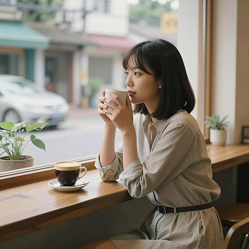 Woman enjoying coffee at cafe window
