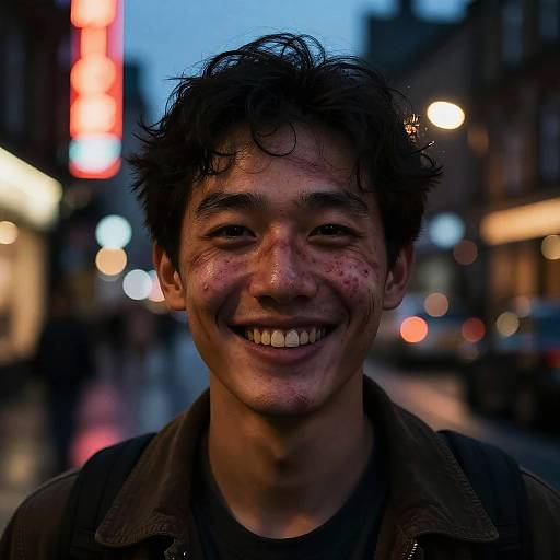 Close-up photograph of a smiling, dirty-faced Asian man with curly black hair, wearing a dark jacket, standing on a neon-lit, rainy street