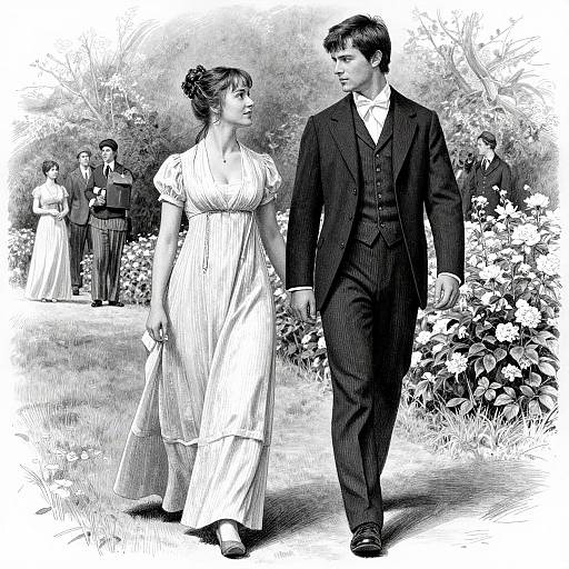 Victorian Couple Garden Stroll Illustration