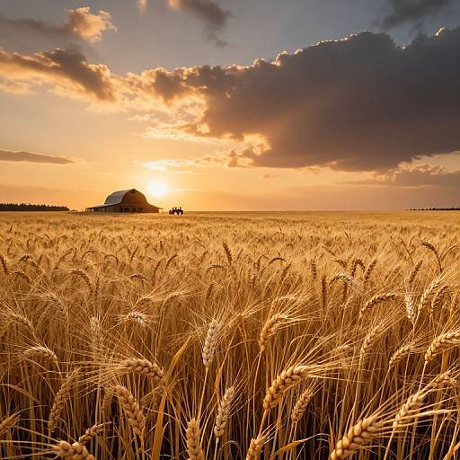 Golden wheat field at sunset with a large, distant barn under a dramatic, cloud-filled sky. Warm, glowing colors dominate. Photographic realism.