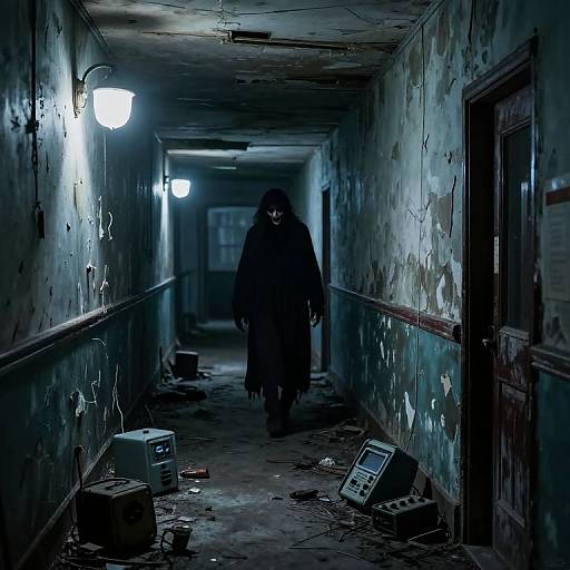 Dark, eerie photograph of a deserted, dimly-lit hallway with peeling paint. A shadowy, hooded figure walks towards a glowing light