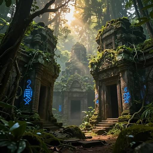 Photorealistic CGI of ancient, moss-covered stone temples with glowing blue runes in a dense, sunlit jungle, rays of light filtering through tall trees