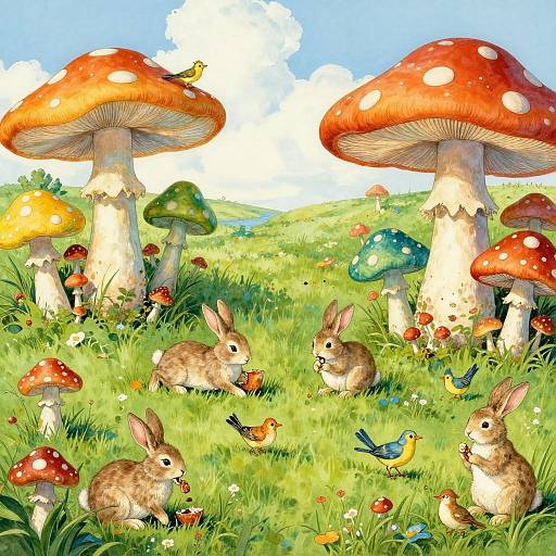 Whimsical Meadow with Playful Animals