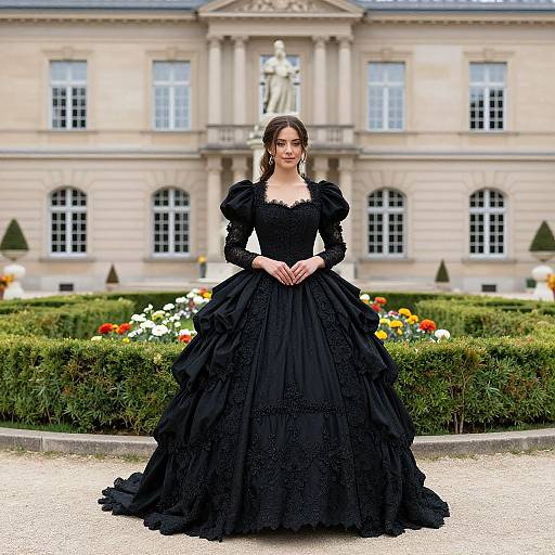 Photograph of a woman in an elaborate black Victorian-style gown with puffed sleeves, standing in front of a grand, neoclassical mansion with