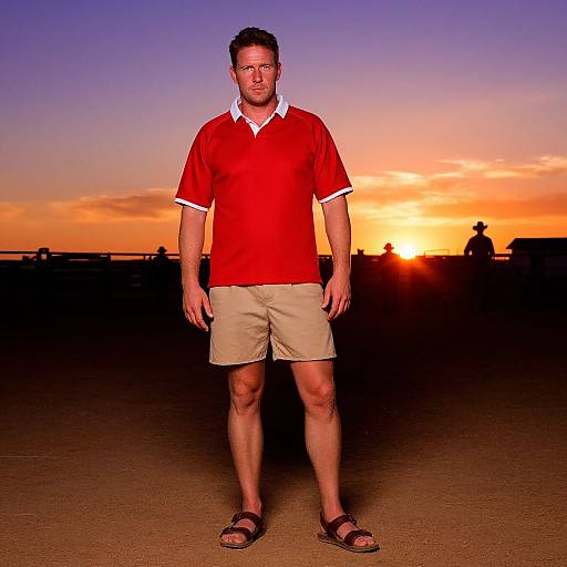 Photograph of a man in a red polo shirt, beige shorts, and sandals, standing on a beach at sunset with an orange and purple sky.