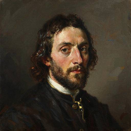 Realistic oil painting of a bearded man with wavy brown hair, dark eyes, and serious expression, wearing a black garment with a white collar