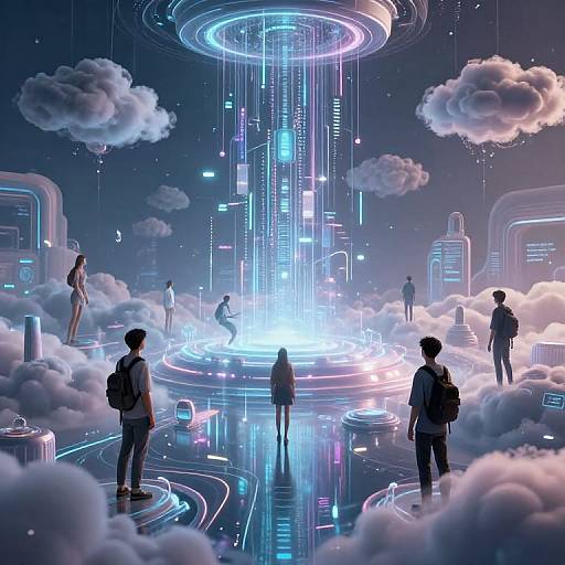 Digital art: Futuristic sci-fi scene with glowing neon skyscrapers rising from clouds, silhouetted people with backpacks, and floating holog