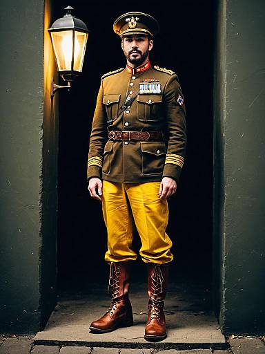 Man in Historical Military Uniform with Lantern
