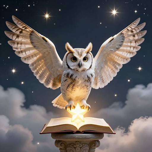 Photograph-style digital art of a glowing owl with outspread wings perched on an illuminated open book against a starry night sky.