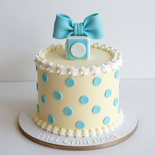 Photograph of a cream-colored, polka-dotted birthday cake with blue dots, topped with a blue bow and bottle, on a white plate.