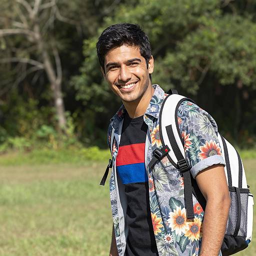 Smiling Young Man with Floral Shirt and Backpack Outdoors