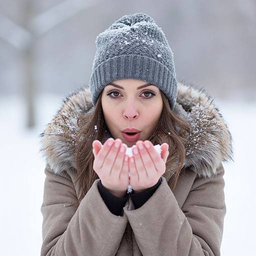 Photograph of a surprised woman with fair skin, brown eyes, and wavy brown hair, wearing a gray knit beanie, fur-trimmed