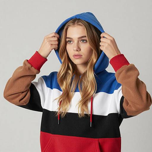 Young Woman in Colorful Striped Hoodie