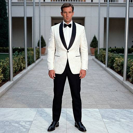 Photograph of a man in a white tuxedo with black bow tie and pants, standing in a modern courtyard with symmetrical greenery.