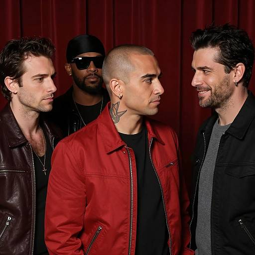Four Men in Stylish Jackets Against Red Curtain