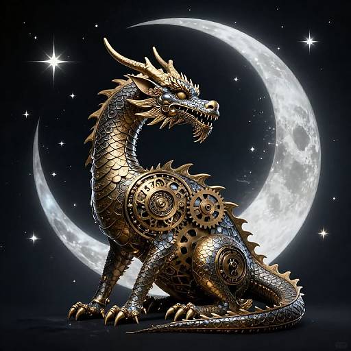 Digital artwork of a metallic, dragon-like creature with gears, horns, and golden accents, sitting under a glowing full moon in a starry night sky