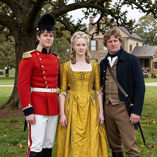 Photograph of three historical figures: a male soldier in red uniform, a blonde woman in yellow dress, and a man in brown vest and black coat