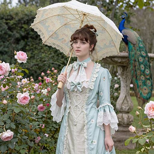 Photograph of a fair-skinned woman with dark hair in a blue Victorian dress, holding a floral parasol, surrounded by pink roses, with a