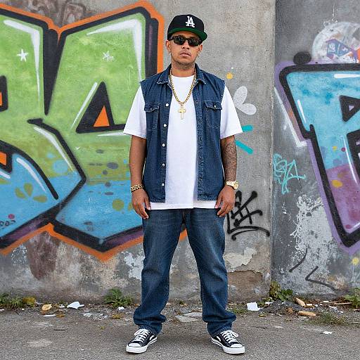 Photograph of a young man with dark skin, black cap, sunglasses, white t-shirt, denim vest, jeans, gold chain, and sneakers,