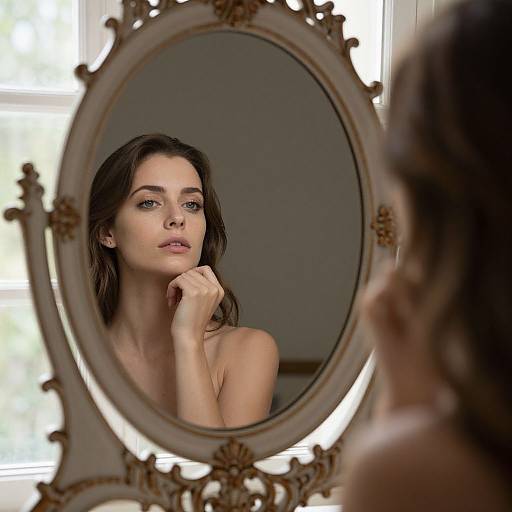 Photograph of a brunette woman with fair skin, looking contemplatively at her reflection in an ornate, oval mirror with floral accents.