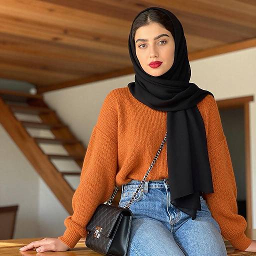 Young Woman in Black Hijab and Orange Sweater
