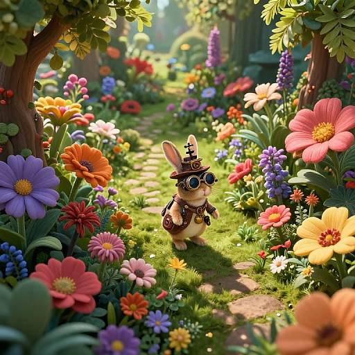 CGI image of a cute, anthropomorphic bunny wearing a hat and goggles, standing in a vibrant, sunlit garden path filled with colorful flowers and
