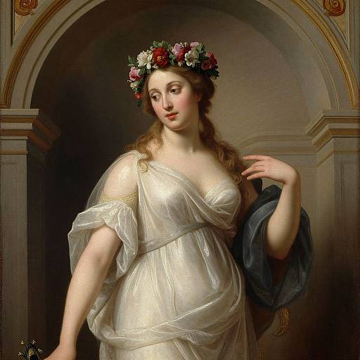 Classical painting of a fair-skinned woman with wavy brown hair, wearing a white, off-shoulder dress and floral crown, standing in