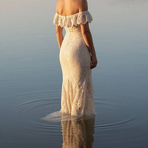 Photograph of a woman in an off-shoulder, lace, white dress standing waist-deep in calm, reflective water, with sunlight casting gentle