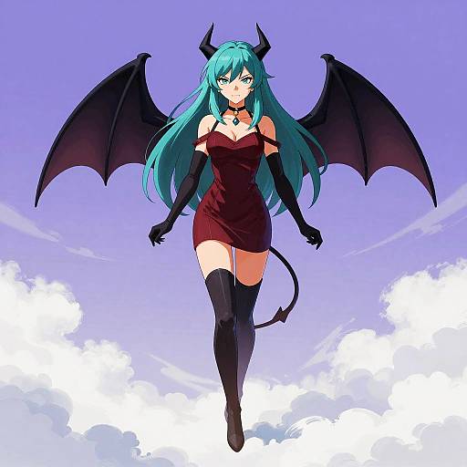 Anime-style digital artwork of a blue-haired demon girl with black wings, horns, and gloves, wearing a dark dress and thigh-high boots, floating against