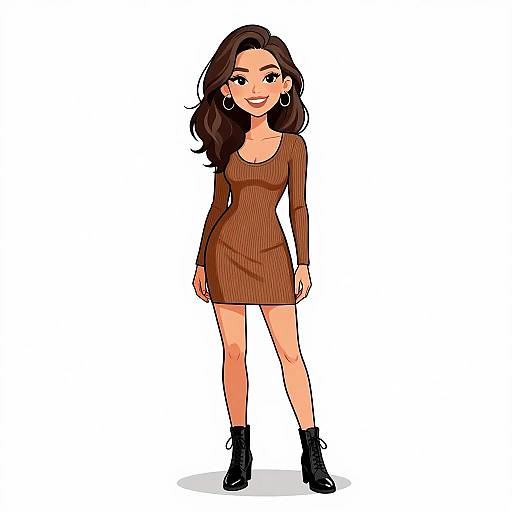 Digital cartoon of a smiling woman with long brown hair, wearing a brown ribbed dress, black ankle boots, and hoop earrings, standing against a white