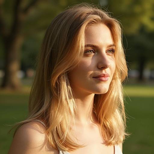 Photograph of a blonde woman with wavy hair, soft smile, and fair skin, bathed in warm sunlight in a sunlit park.