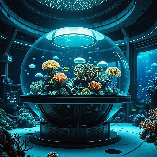 Underwater Spherical Research Lab with Glowing Coral