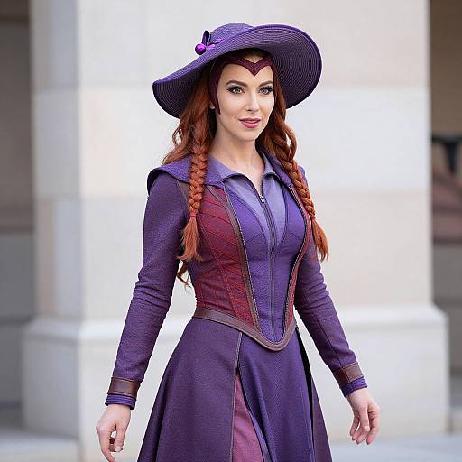 Digital artwork of a red-haired woman in a purple Victorian-style dress and wide-brimmed hat, with braided hair, standing outdoors.