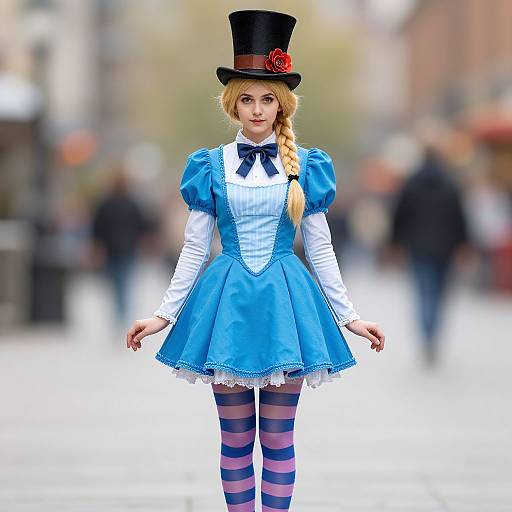 Photograph of a blonde woman in a blue Alice in Wonderland dress, striped leggings, white blouse, black top hat with red rose, standing in a