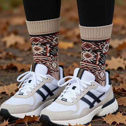 Photograph of white athletic sneakers with black stripes, worn with patterned brown, red, and black socks, standing on autumn leaves.