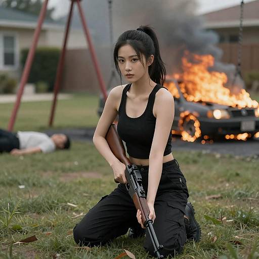 Asian Woman with Rifle in Suburban Yard