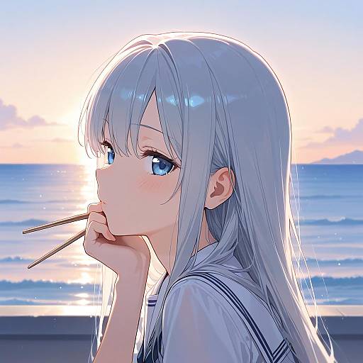 Contemplative Girl at Seaside Café