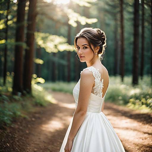 Bride in Satin Wedding Dress in Forest