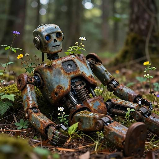 Rusty Robot Remains in Blooming Forest