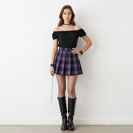 Young Woman in Purple Plaid Skirt and Black Top