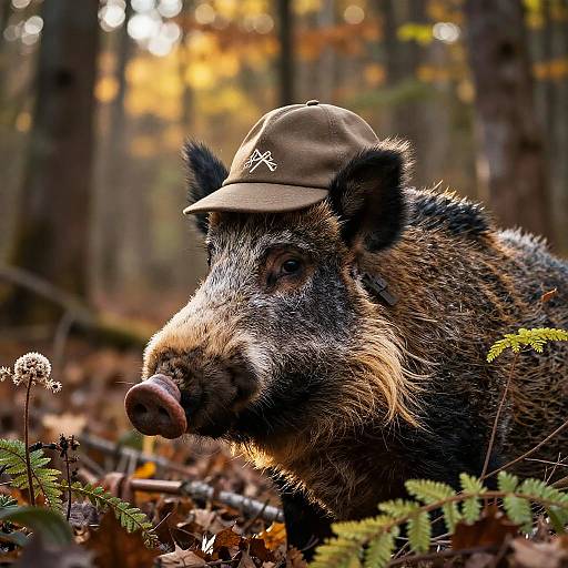 Hunter with Boar's Head Hat in Autumn Woods