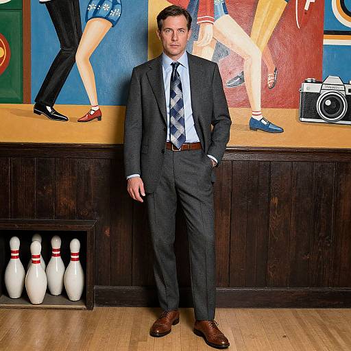 Photograph of a suited man with brown hair, standing in front of colorful mural, vintage camera, and wooden bar with bowling pins.