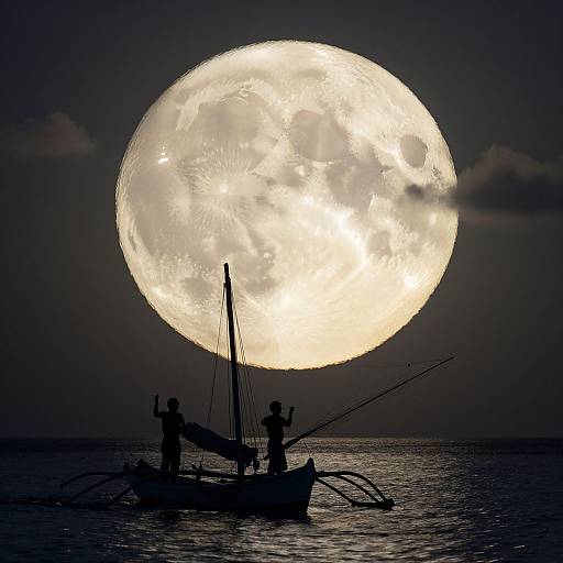 Moonlit Fishermen on Tranquil Sea