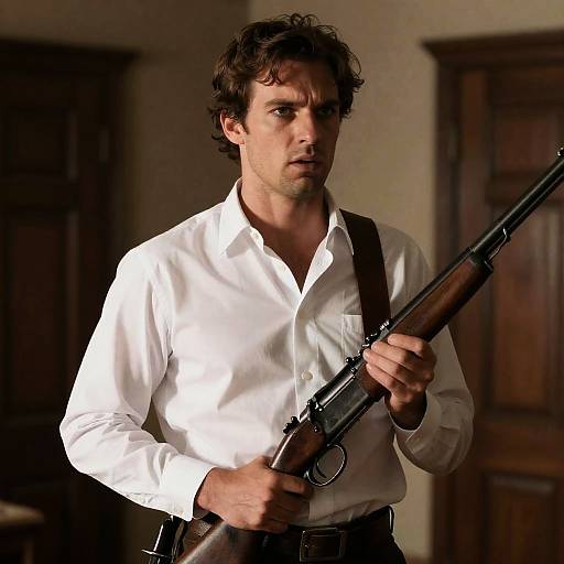 Intense Warrior in Dimly Lit Room