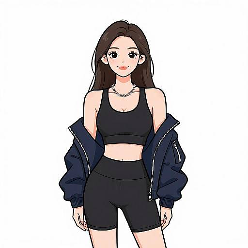 Digital anime-style drawing of a smiling young woman with long brown hair, wearing a black sports bra, black shorts, and a navy jacket. White background